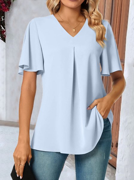 

Loose Plain Casual V Neck Summer Shirt, Blue, Shirts & Blouses