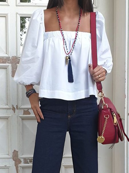 

Loose Square Neck Plain Vacation Shirt, White, Blouses and Shirts