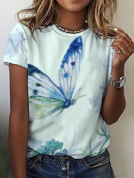 

Women's Butterfly Floral Cotton Casual Crew Neck T-Shirt, As picture, T-shirts