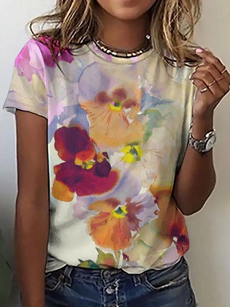 

Women's Watercolor Floral Crew Neck Casual Cotton T-Shirt, As picture, T-shirts