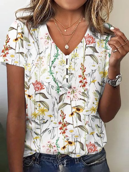 Casual Floral Printed Jersey V Neck T Shirt