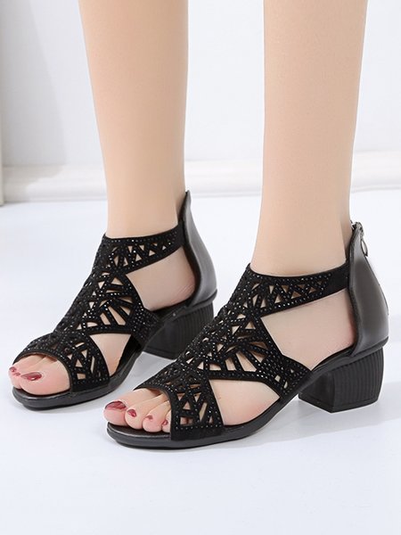 Rhinestone Hollow out Chunky Heel Dance Sandals, Black, Sandals