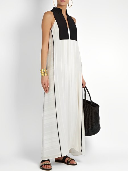 

Elegant Stand Collar Color Block Dress, White, Maxi Dresses