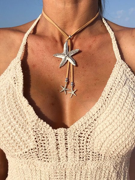 

Casual Starfish Pattern Leather Necklace Choker Beach Vacation Western Jewelry, As picture, Necklaces