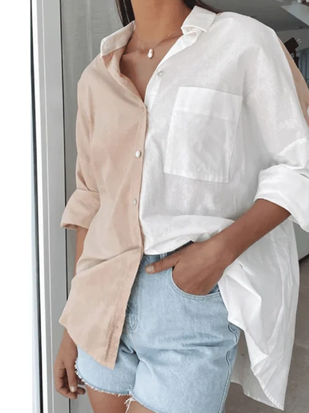 

Casual Buttoned Loose Color Block Blouse, Khaki, Blouses & Shirts