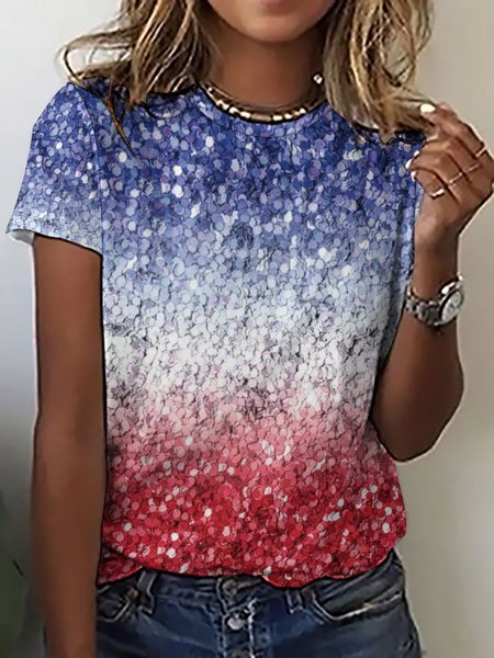 

Women‘s Ombre USA Flag Print Crew Neck Casual T-Shirt, As picture, T-shirts