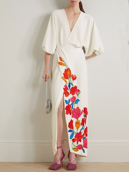 

Elegant Floral Print V Neck Half Sleeve Dress, White, Maxi Dresses