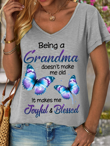

Women's Cute Butterfly Being A Grandma Doesn’t Make Me Old It Makes Me Joyful And Blessed Simple V Neck T-Shirt, Gray, T-shirts