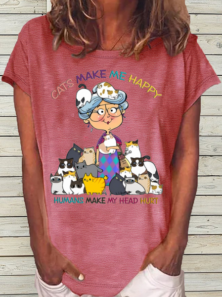 

Women's Cats make me happy humans make my head hurt Cat lover Casual T-Shirt, Pink, T-shirts