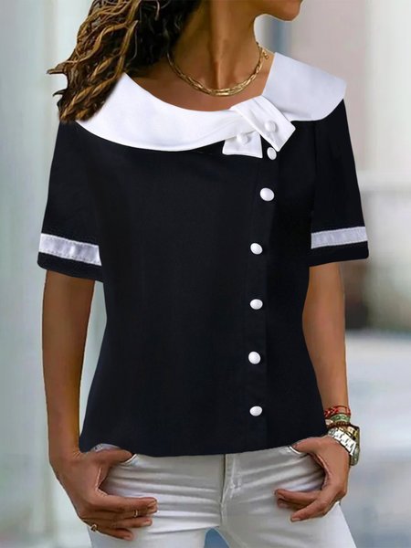 

Color Block Short Sleeve Buckle Shawl Collar Casual Shirt, Black-white, Blouses