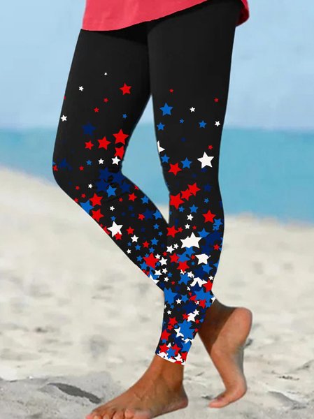 

Women's American Flag Star Print Casual Leggings, Black, Leggings