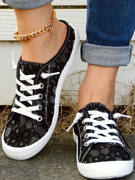 

Women's Lace Floral Casual Lace-Up Canvas Shoes, Black, Sneakers