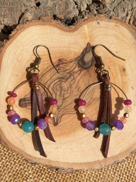 

Casual Colorful Crystal Beaded Leather Earrings Vintage Western Jewelry, As picture, Earrings