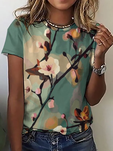 

Women's Plants Floral Crew Neck Casual T-Shirt, As picture, T-shirts