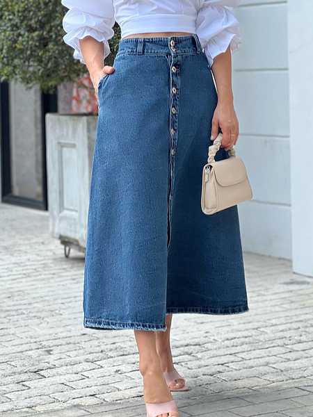 

Loose Urban Plain Loose Midi Skirt, Denim blue, DENIM