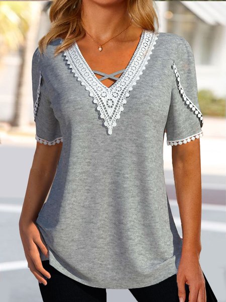 

Petal Sleeve Casual Plain Lace T-Shirt, Gray, T-Shirts
