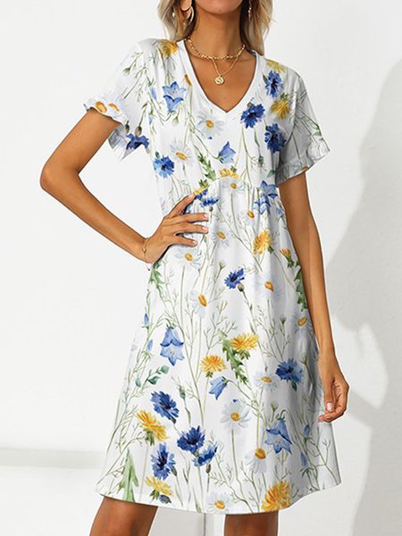 

Loose Floral Elegant V Neck Dress, White, Dresses