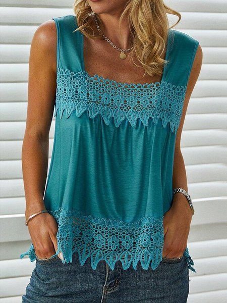 

Casual Lace Lace Edge Summer Tank Top, Cyan, Tanks & Camis