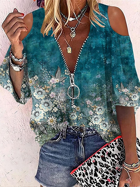 Half Open Collar Casual Tree Shirt, Cyan, Shirts & Blouses