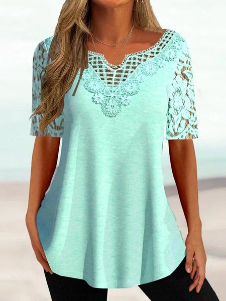 

Loose Lace Notched Plain Casual Summer Shirt, Mint, Shirts & Blouses