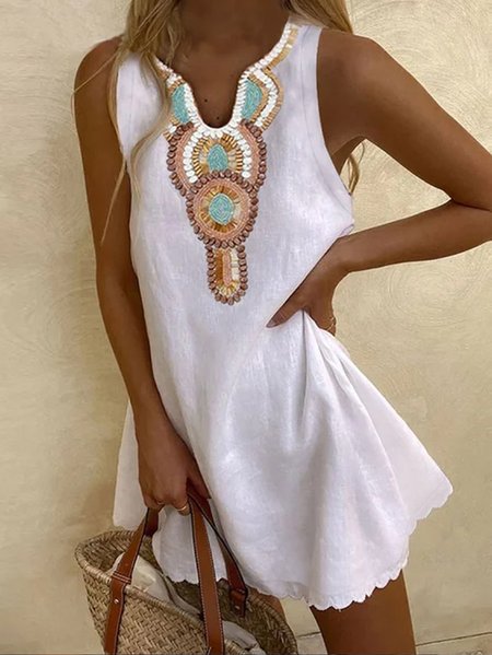 

Women's Vintage Ethnic Sleeveless Dress, White, Dresses