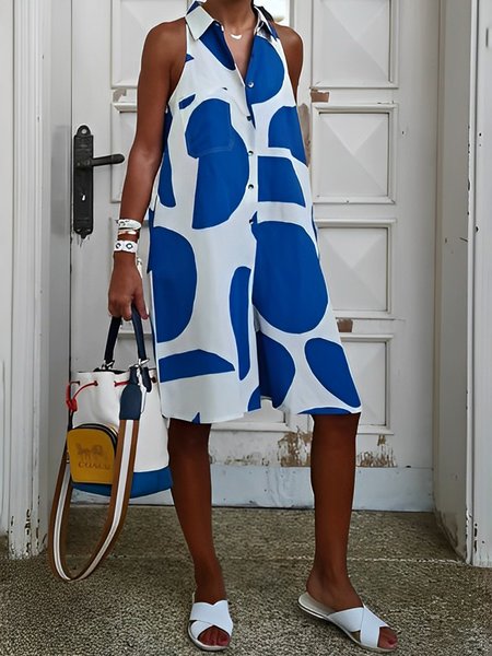 

Shirt Collar Casual Loose Sleeveless Dress, Blue, Mini Dresses