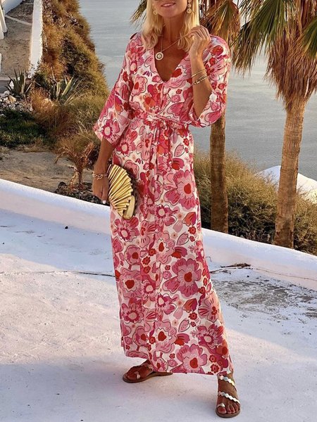 

V Neck Floral Vacation Regular Fit Dress, Red, Maxi Dresses