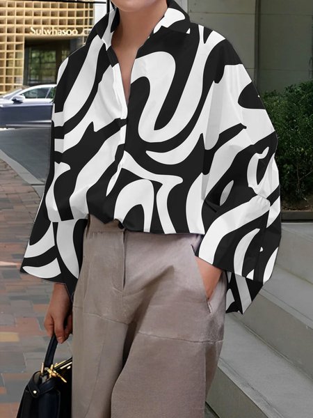 

Urban Shirt Collar Loose Abstract Print Blouse, Black-white, Blouses and Shirts