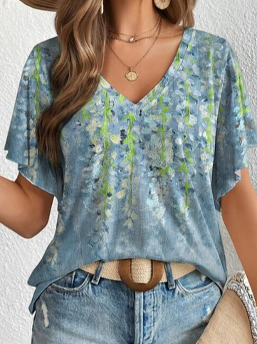 

V Neck Casual Floral Knitted T-Shirt, Blue, T-Shirts
