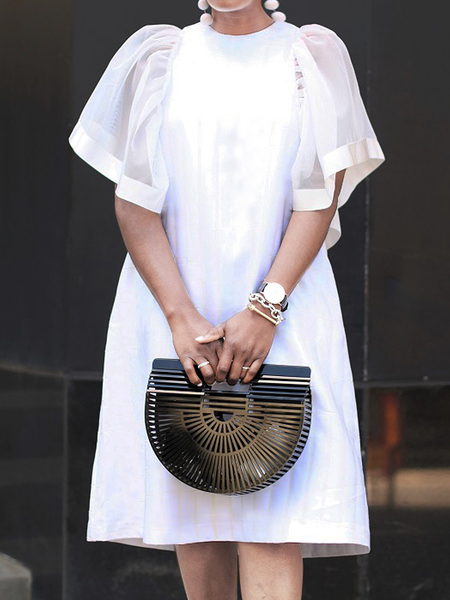

Loose Urban Crew Neck Short sleeve Plain Skirt Dress, White, Mini Dresses