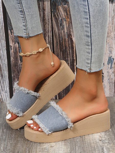 

Denim Wide Strap Raw Trim Beach Slippers, Blue, Sandals