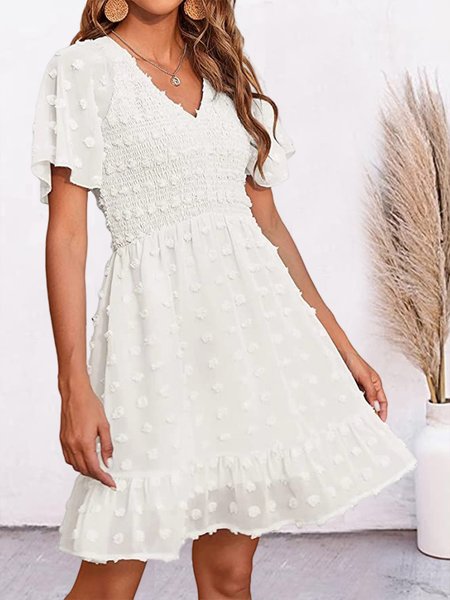 

Vacation Loose Women's V Neck Smocked Short Sleeve Casual Dress Swiss Dot Swing Flowy Ruffle Hem Mini Beach Summer Dresse, White, Dresses
