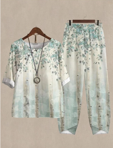 

Plus Size Crew Neck Vacation Green Floral Loose Two-Piece Set, SET