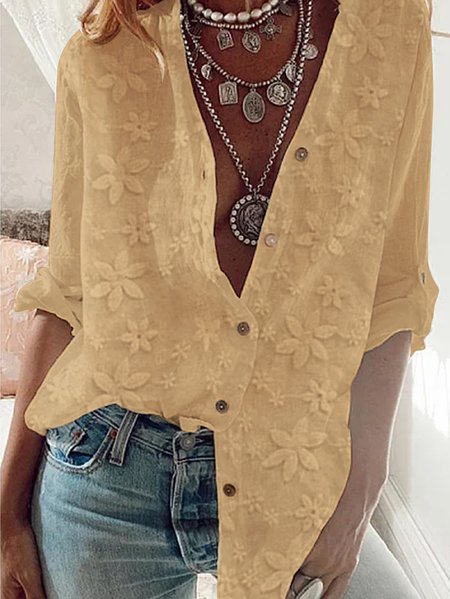 

Women Elegant Floral Lace Plain Buttoned Down Cotton Linen Long Sleeve Blouse, Khaki, Blouses & Shirts