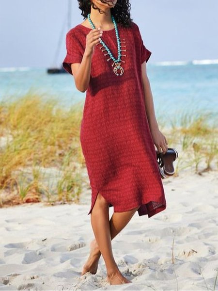 

Shift Sweet Floral-Print Crew Neck Weaving Dress, Red, Casual Dresses