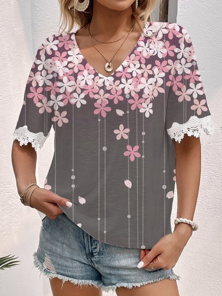 

Women's summer floral short sleeve T-shirt top, Black, T-Shirts