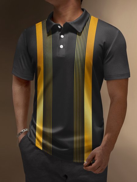

Color Block Button Short Sleeve Bowling Polo Shirt, Black-gold, Polo Shirts