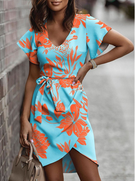 

V Neck Floral Loose Casual Summer Dress, Blue, Dresses