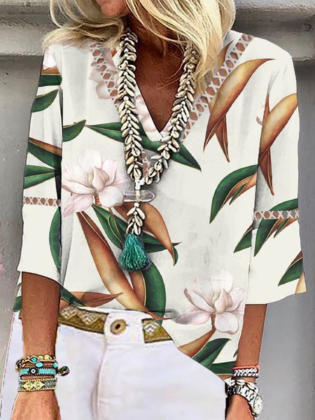 

V Neck Split Joint Casual Shirt, Multicolor, Blouses