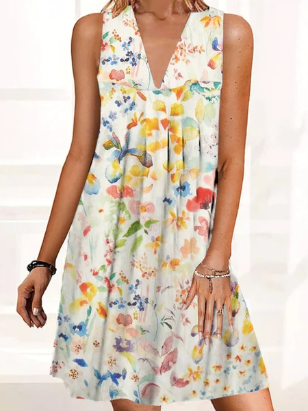 

Casual Floral Loose V Neck Summer Dress, White, Dresses