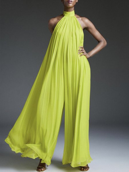

Halter Elegant Regular Fit Plain Jumpsuit, Yellow, Jumpsuits