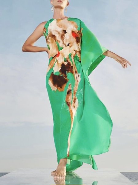

Elegant Crew Neck Regular Fit Abstract Dress, Green, Maxi Dresses