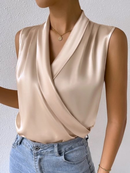

Cross Neck Elegant Satin Shirt, Khaki, Tanks & Camis