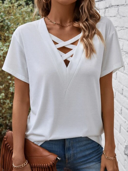 

Casual Loose Plain V Neck T-Shirt, White, T-Shirts