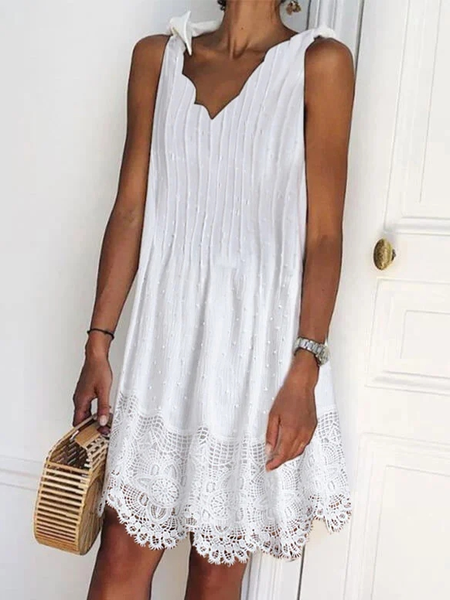

Loose Casual V Neck Lace Dress, White, Dresses