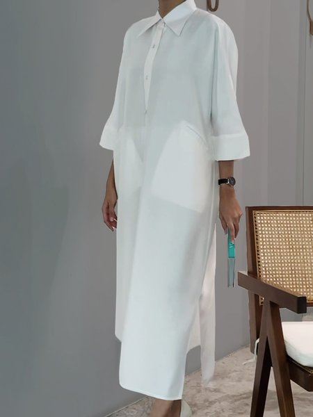 

Plain Shirt Collar Regular Fit Elegant Dress, White, Midi Dresses