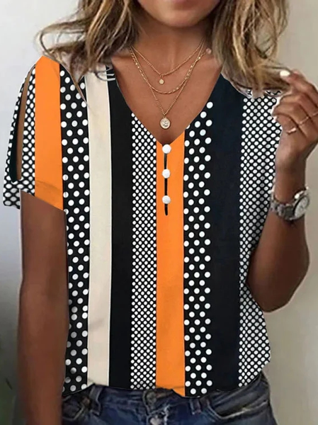 

Casual Loose Polka Dots V Neck T-Shirt, Yellow brown, T-Shirts