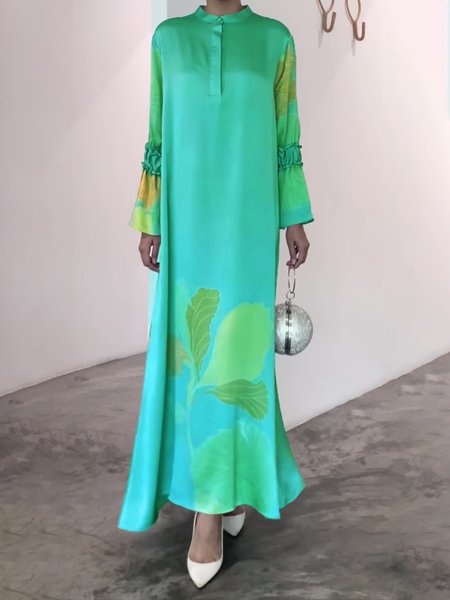 

Regular Fit Floral Elegant Stand Collar Dress, Green, Maxi Dresses