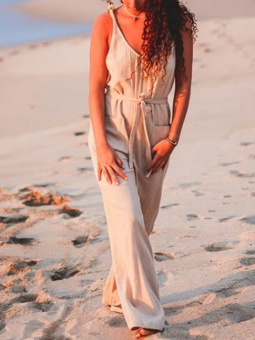 

Linen V Neck Loose Leather & Faux Leather, Khaki, Jumpsuits & Rompers