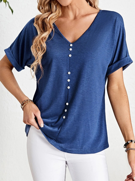 

Casual Plain V Neck Loose T-Shirt, Blue, T-Shirts